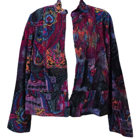 Chicos Velvet Kaleidoscope Offshore Jacket M 8 10 1 Pockets Paisley Purple Black - Picture 1 of 6